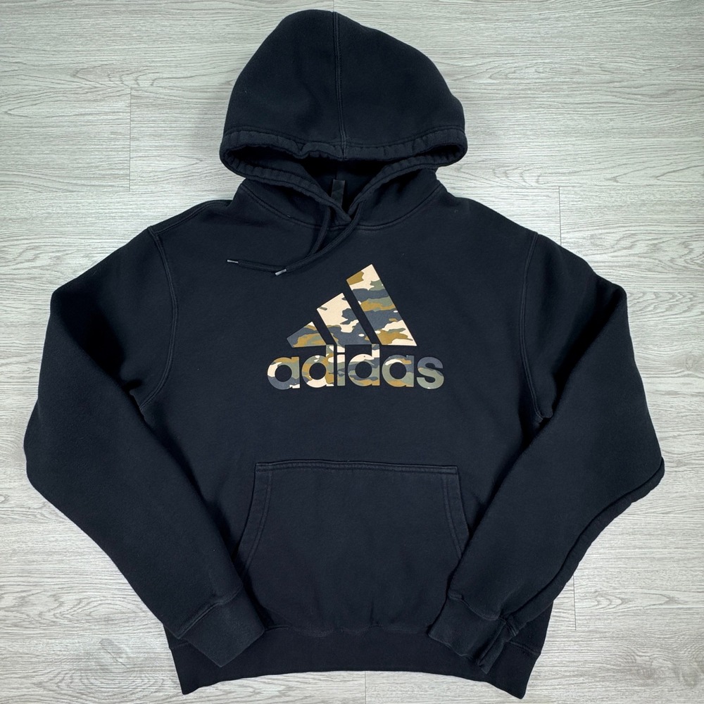Adidas Mens Hoodie Camo Logo Pullover Black Medium Fleece Pocket‎ Sweatshirt